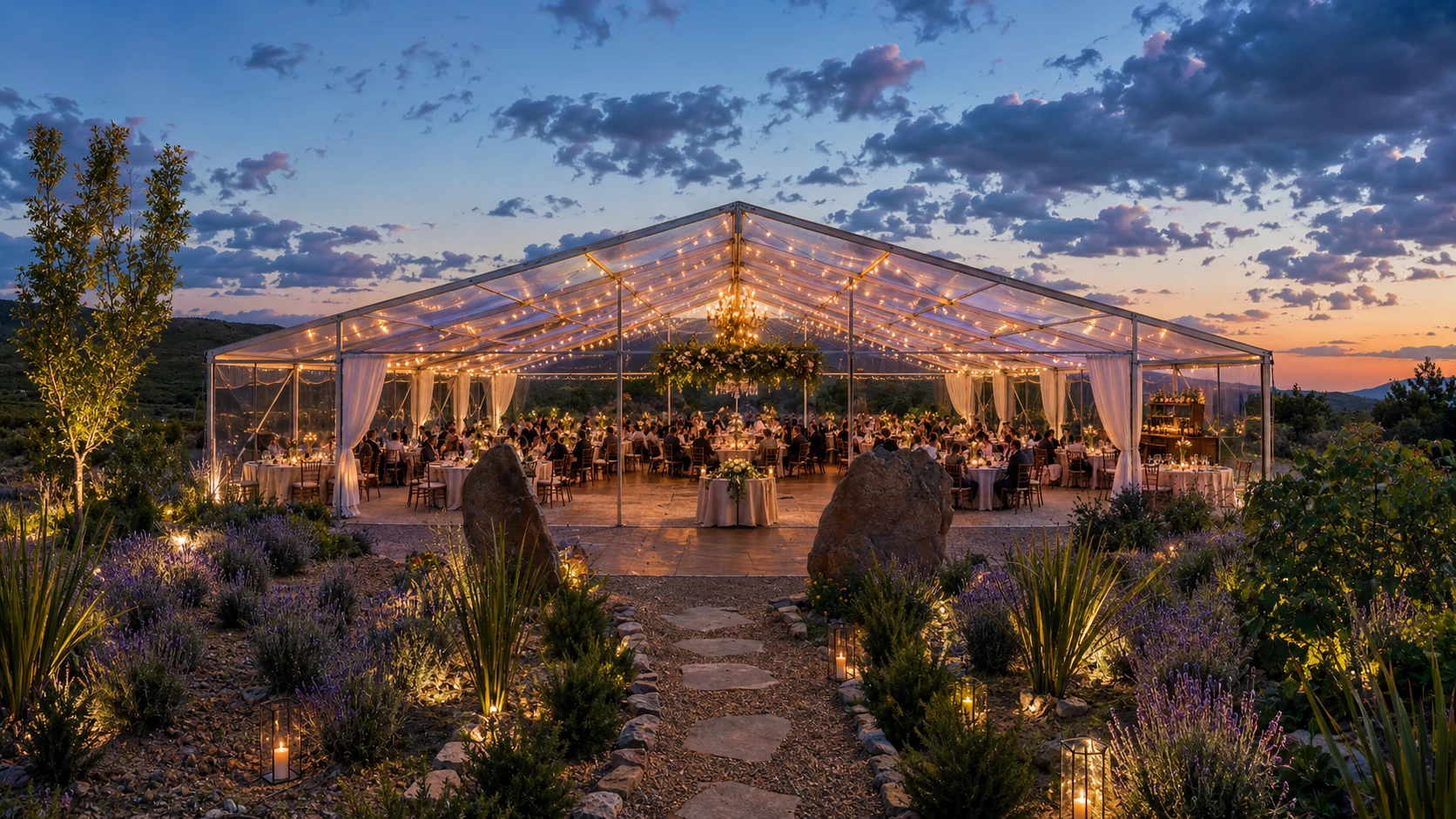 Render de una boda en carpa cristal sobre la explanada